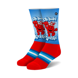 red crew socks with blue toe and heel feature white kool-aid logo on front.  