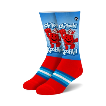 red crew socks with blue toe and heel feature white kool-aid logo on front.  