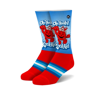 red crew socks with blue toe and heel feature white kool-aid logo on front.  