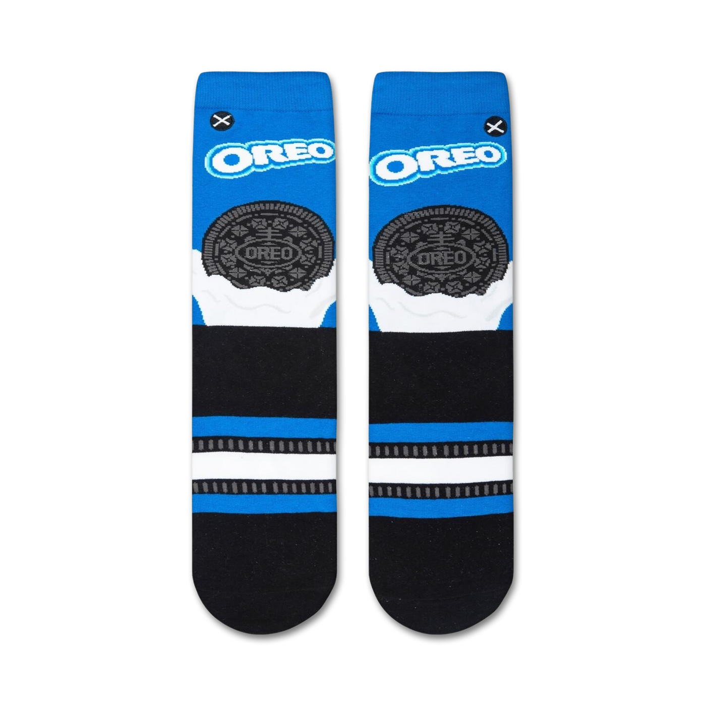 Back view of Oreo and Milk crew socks, showcasing the full design on a black background.