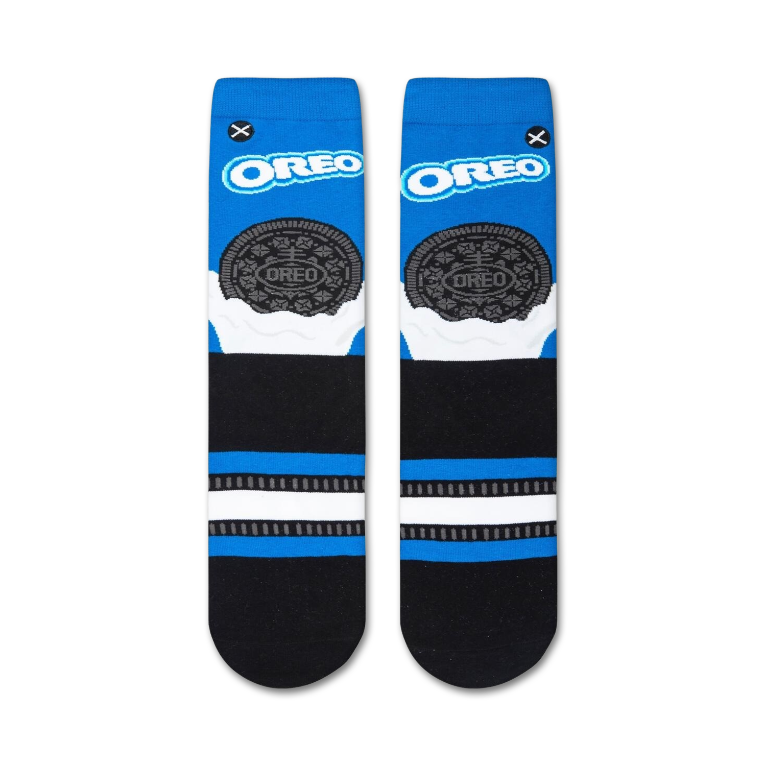 Back view of Oreo and Milk crew socks, showcasing the full design on a black background.