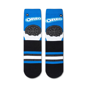 A close up of a blue sock with a white Oreo cookie graphic.