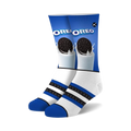 Pair of crew socks in blue, white, and black featuring an Oreo cookie dunked in milk graphic. 