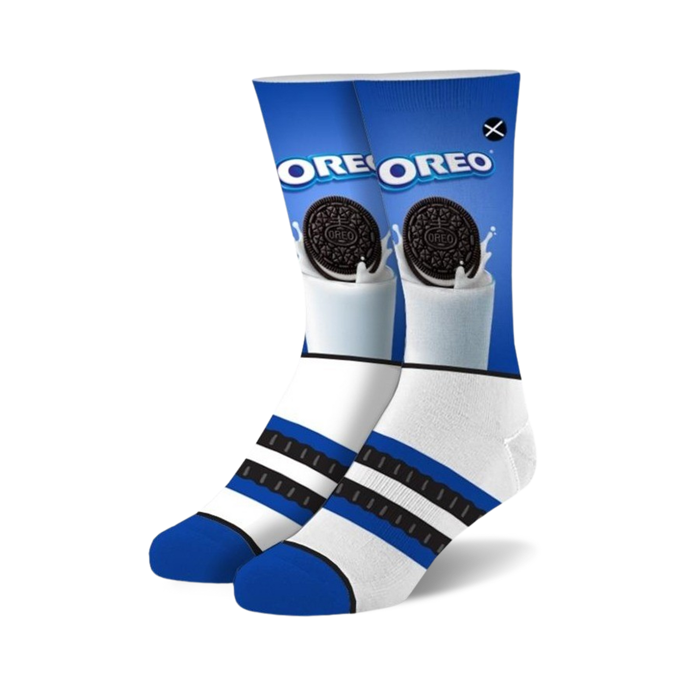 Pair of crew socks in blue, white, and black featuring an Oreo cookie dunked in milk graphic. 