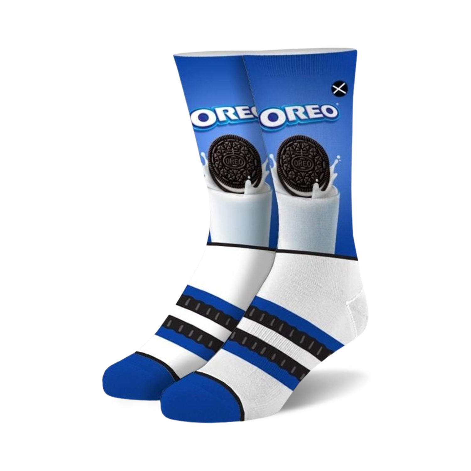 Pair of crew socks in blue, white, and black featuring an Oreo cookie dunked in milk graphic. 