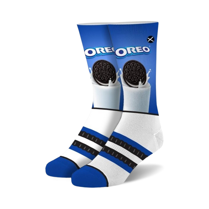 oreo & milk crew socks: blue and white socks with black and white oreo cookies and a blue carton of milk. for men and women.  