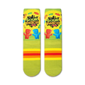 Flat lay showcasing a pair of Sour Patch Kids socks, highlighting the full design and color details.