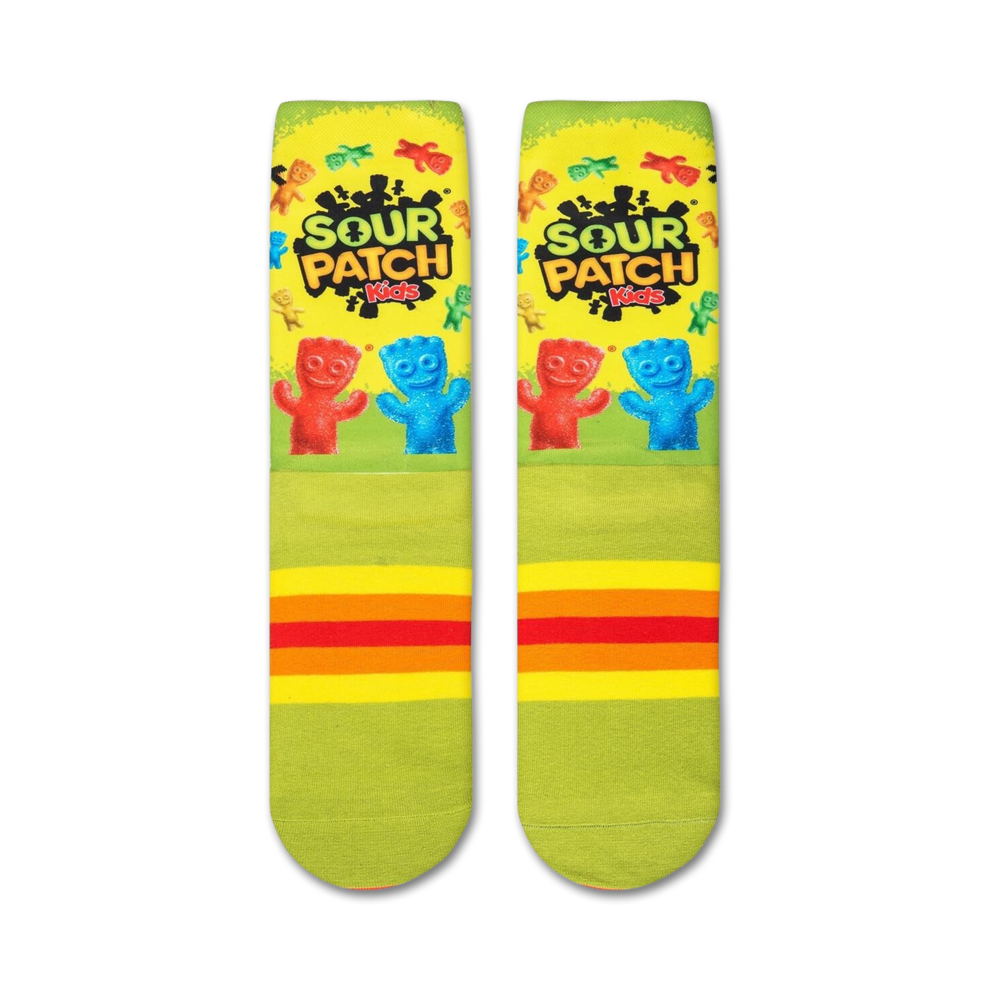 Flat lay showcasing a pair of Sour Patch Kids socks, highlighting the full design and color details.