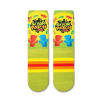 Flat lay showcasing a pair of Sour Patch Kids socks, highlighting the full design and color details.