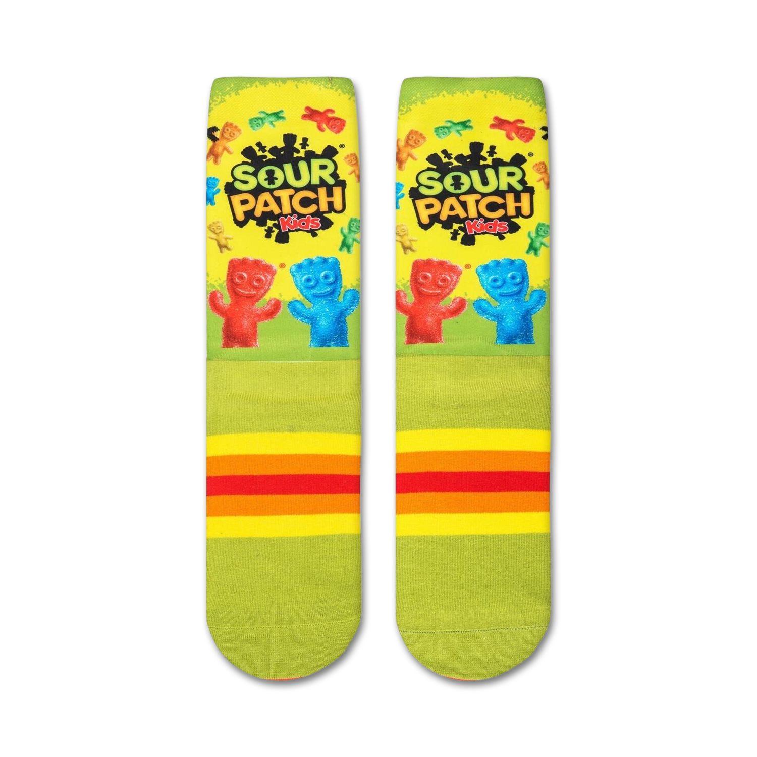 Flat lay showcasing a pair of Sour Patch Kids socks, highlighting the full design and color details.