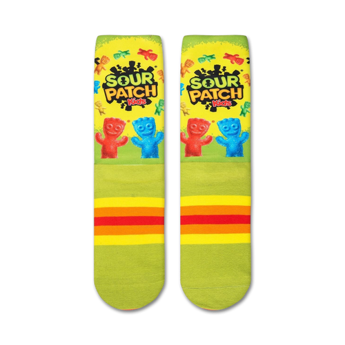 Flat lay showcasing a pair of Sour Patch Kids socks, highlighting the full design and color details.
