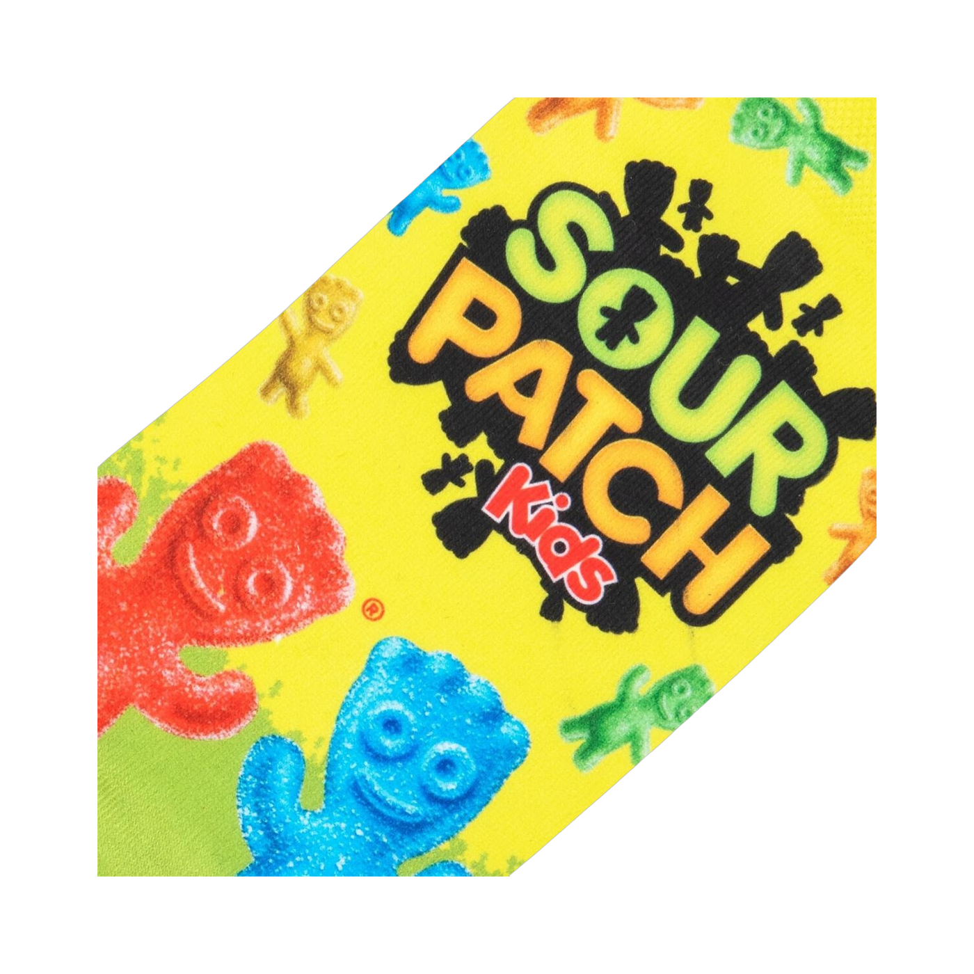 Close-up detail shot focusing on the Sour Patch Kids logo and candy imagery printed on the socks.