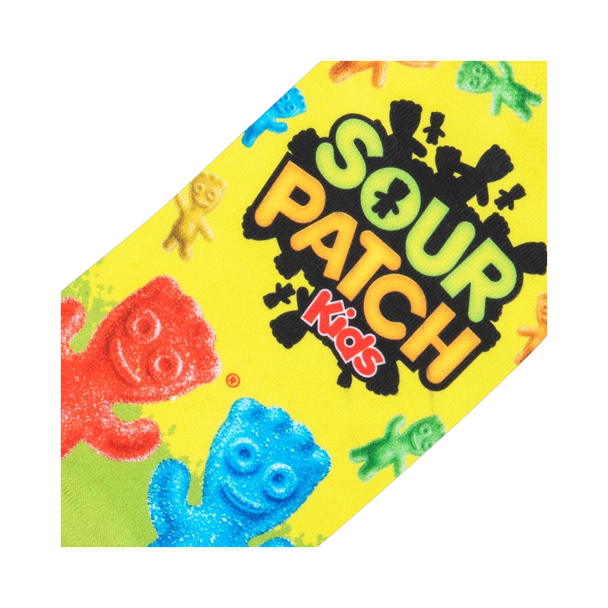Close-up detail shot focusing on the Sour Patch Kids logo and candy imagery printed on the socks.