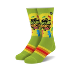 Crew socks in lime green with Sour Patch Kids candy designs and orange, yellow, and red stripes at the cuffs. 