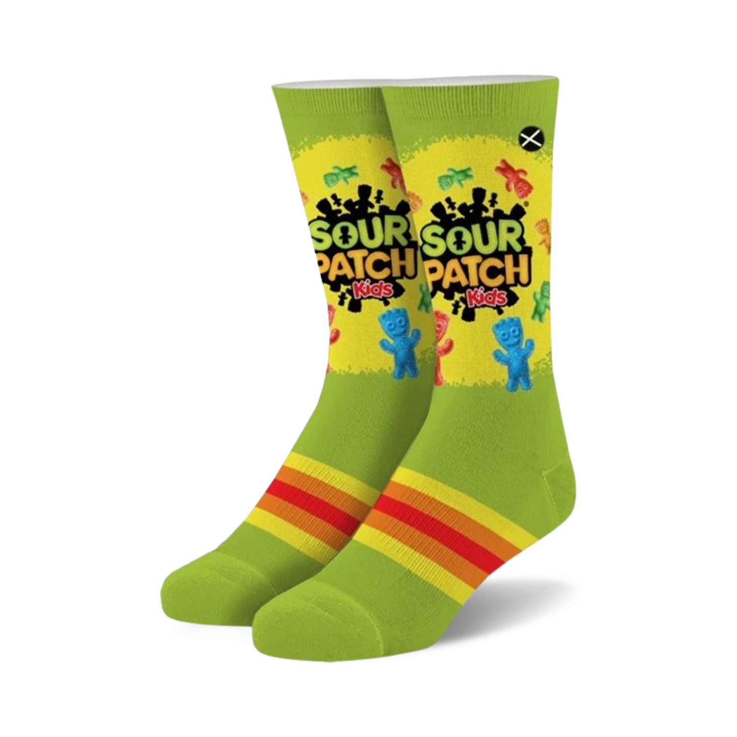 Crew socks in lime green with Sour Patch Kids candy designs and orange, yellow, and red stripes at the cuffs. 
