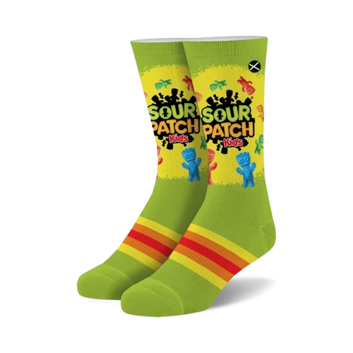 Crew socks in lime green with Sour Patch Kids candy designs and orange, yellow, and red stripes at the cuffs. 