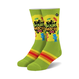 green crew socks with sour patch kids pattern, red/orange/yellow striped top, black toe/heel.  