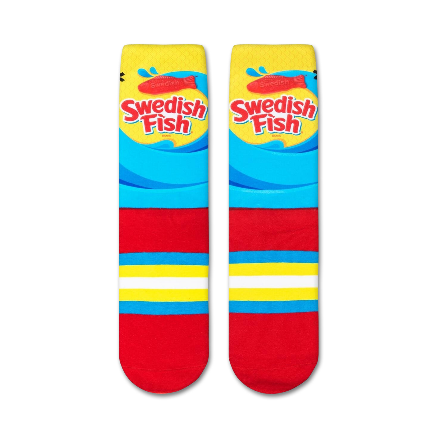 Flat lay showcasing a pair of Swedish Fish crew socks. 