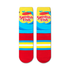 Flat lay showcasing a pair of Swedish Fish crew socks. 
