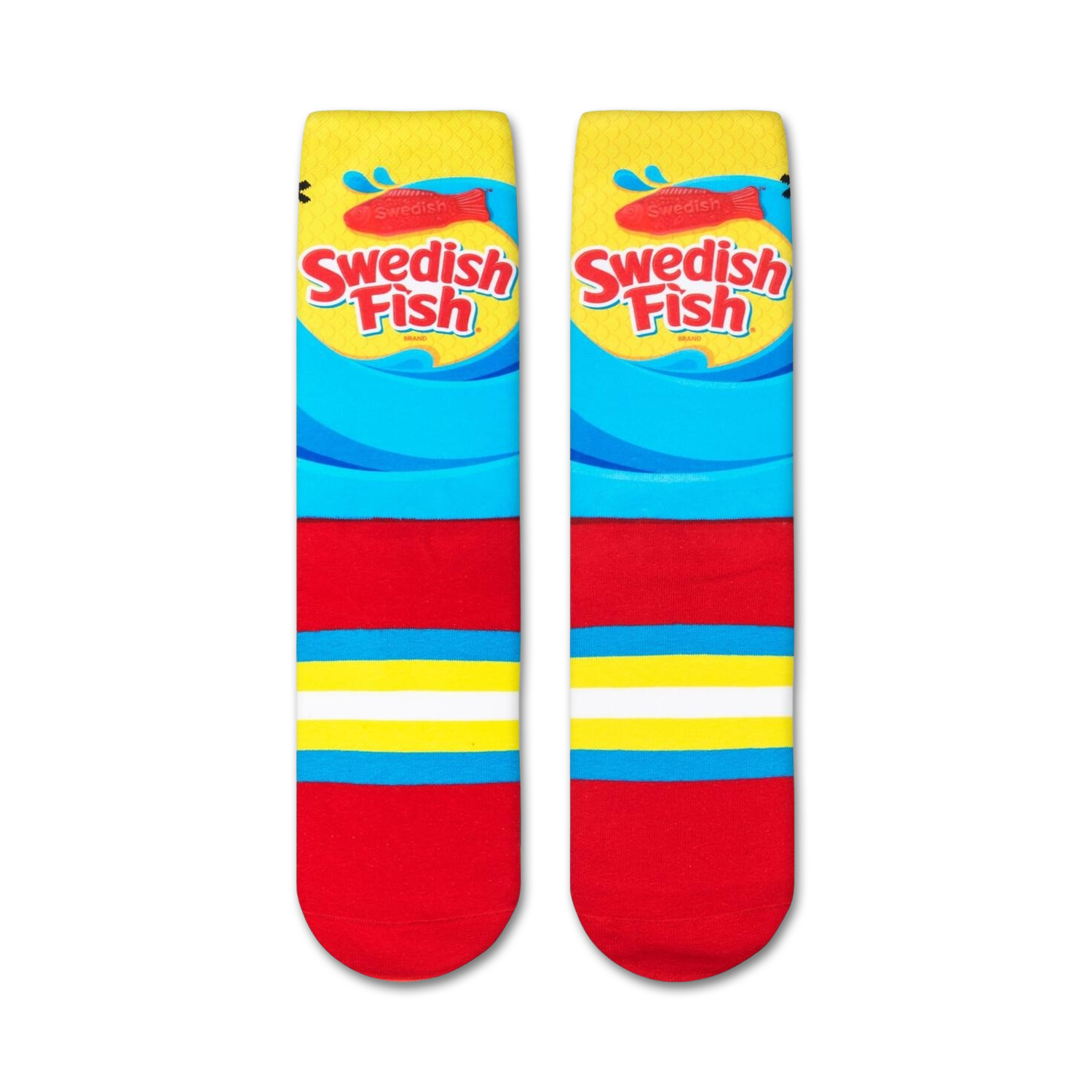 Flat lay showcasing a pair of Swedish Fish crew socks. 