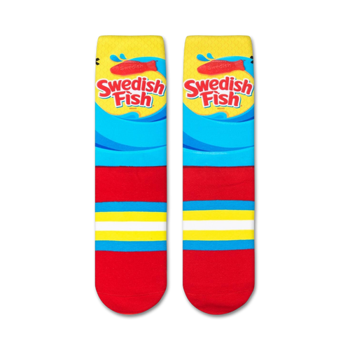 Flat lay showcasing a pair of Swedish Fish crew socks. 