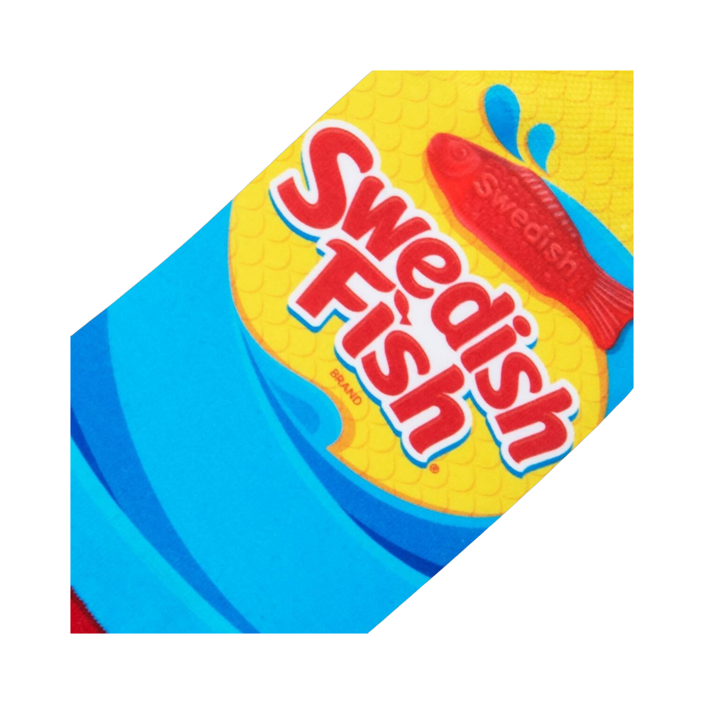 Close-up detail shot of the Swedish Fish logo on the socks.