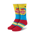 Crew socks in red, blue, and yellow, featuring a Swedish Fish candy wrapper design. 