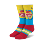 Crew socks in red, blue, and yellow, featuring a Swedish Fish candy wrapper design. 