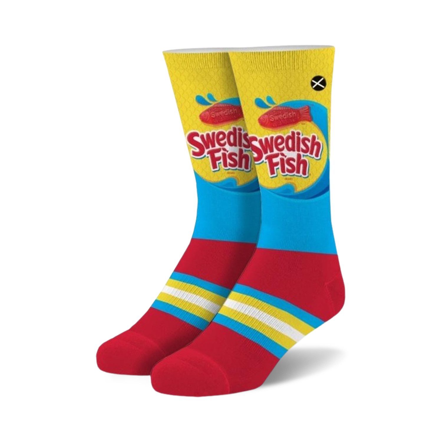Crew socks in red, blue, and yellow, featuring a Swedish Fish candy wrapper design. 