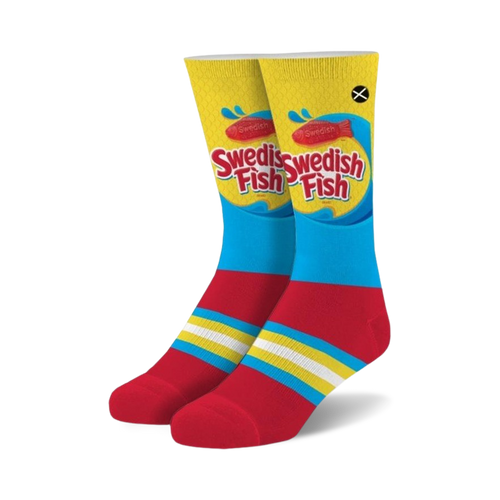 Crew socks in red, blue, and yellow, featuring a Swedish Fish candy wrapper design. 