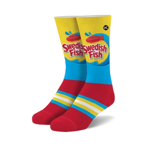 yellow socks with red bottom and blue band with three white stripes. text says 