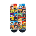 A pair of black socks with colorful portraits of characters from the Street Fighter video game series.