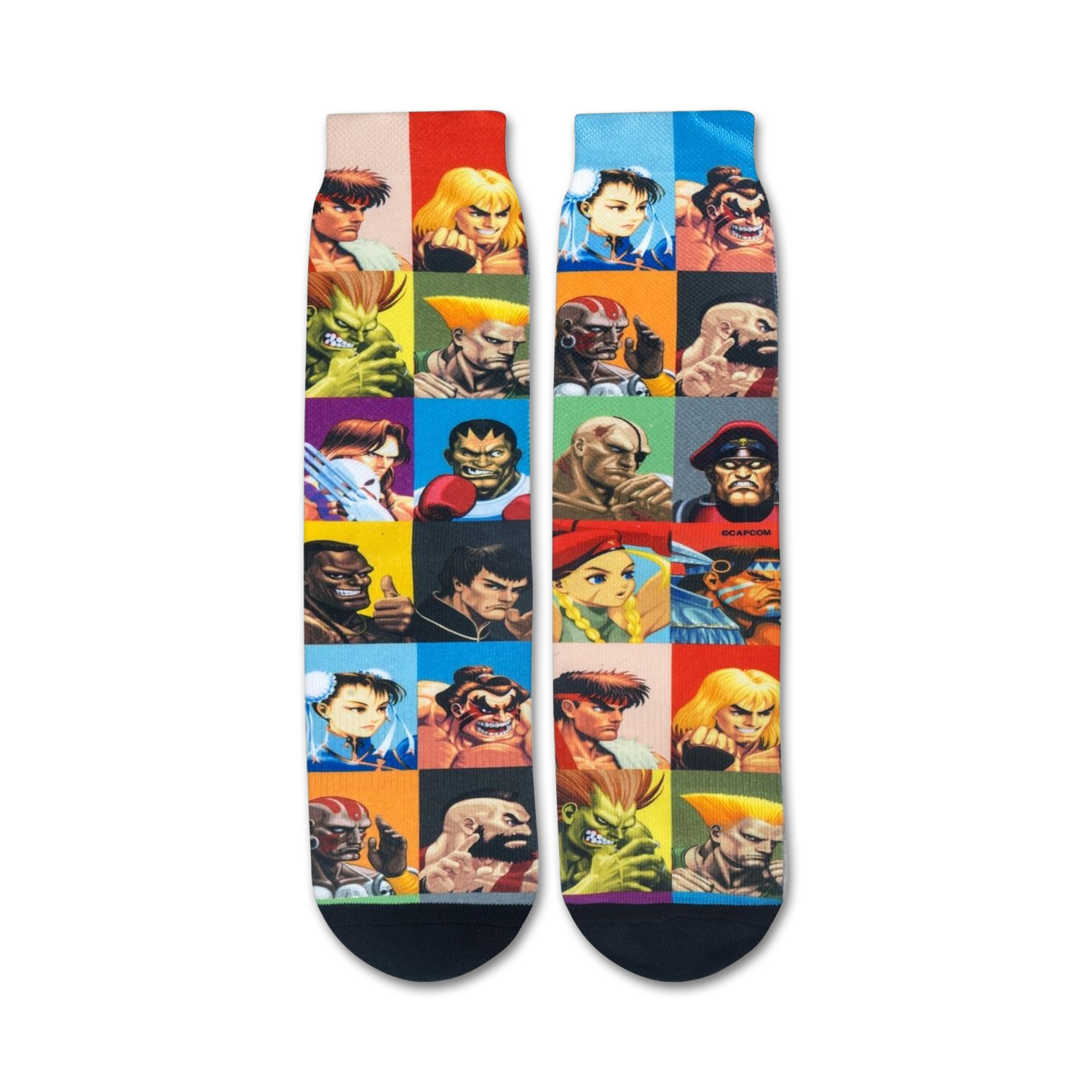 A pair of black socks with colorful portraits of characters from the Street Fighter video game series.