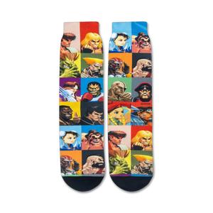 A pair of black socks with colorful portraits of characters from the Street Fighter video game series.