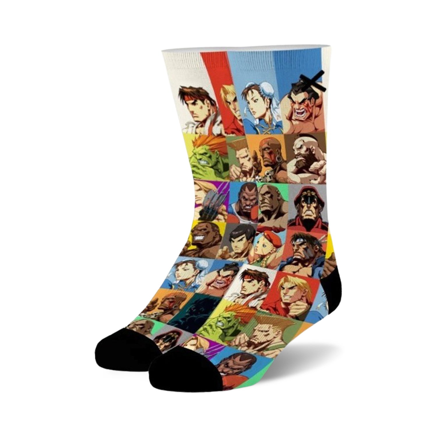 unisex street fighter 2 select your fighter crew socks with colorful character grid pattern.   