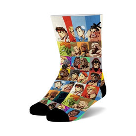 unisex street fighter 2 select your fighter crew socks with colorful character grid pattern.   