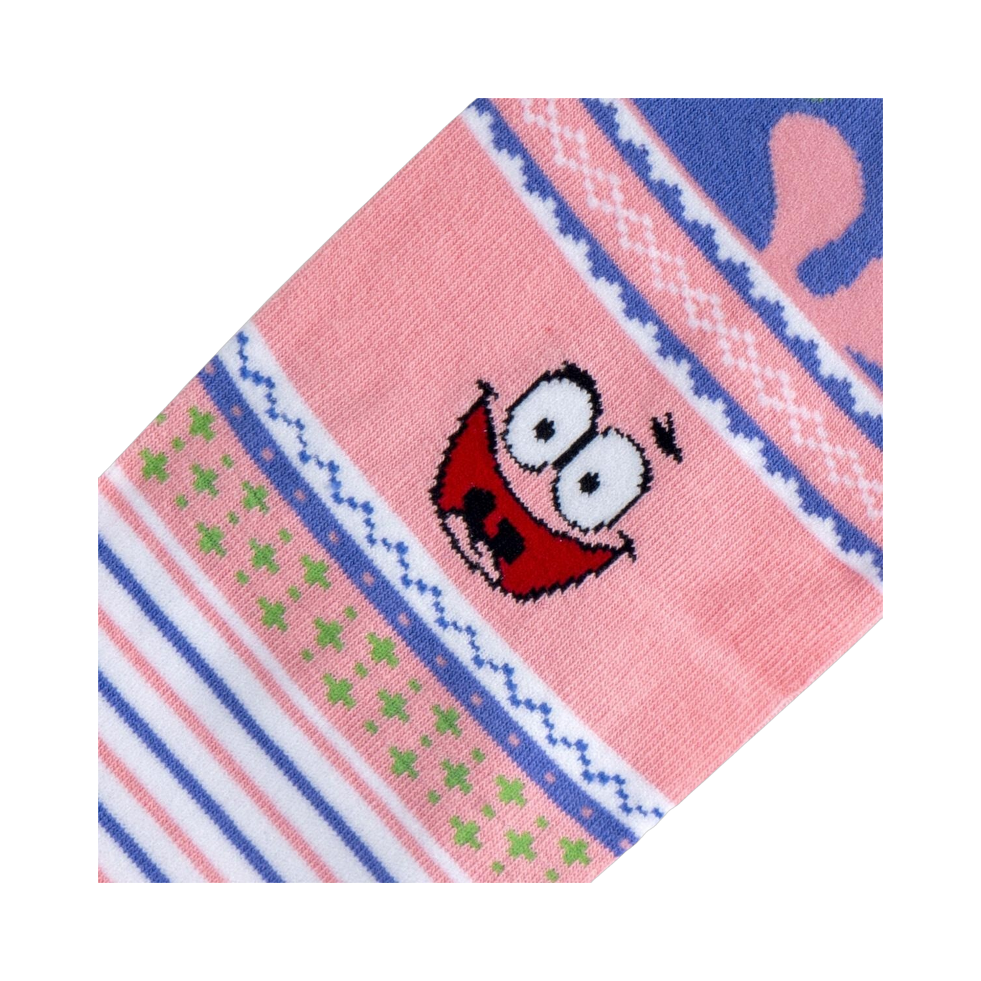 Close-up of the Patrick Star face detail on the pink section of the sock.  Shows the intricate embroidery.