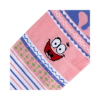 Close-up of the Patrick Star face detail on the pink section of the sock.  Shows the intricate embroidery.