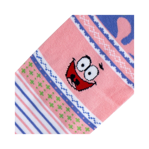 Close-up of the Patrick Star face detail on the pink section of the sock.  Shows the intricate embroidery.