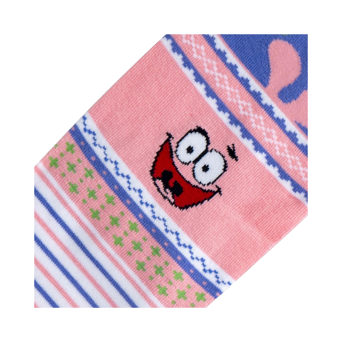 Close-up of the Patrick Star face detail on the pink section of the sock.  Shows the intricate embroidery.