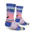 Lifestyle shot showing the Patrick Star Ugly Sweater socks on a person's feet.  Socks are shown from the side.