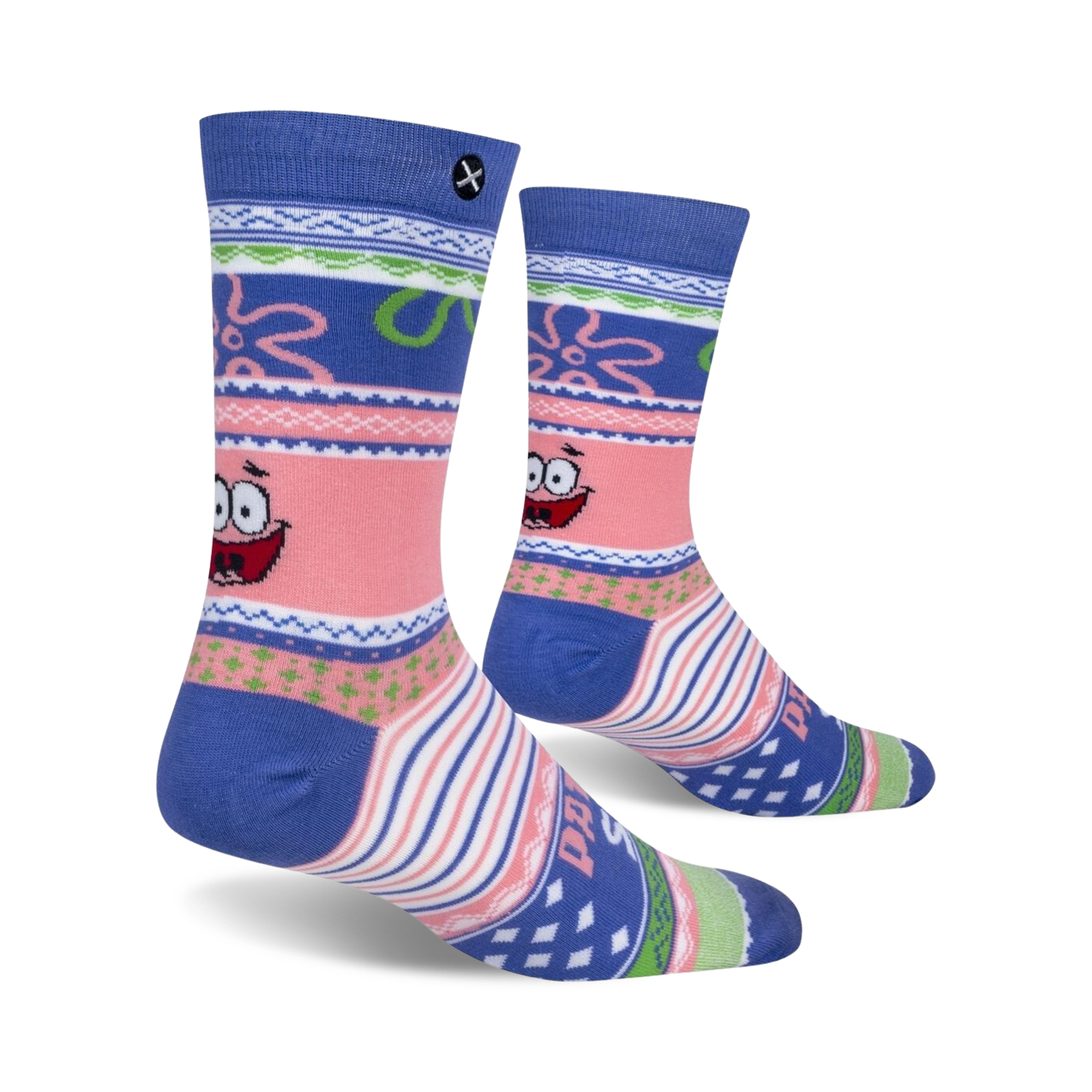 Lifestyle shot showing the Patrick Star Ugly Sweater socks on a person's feet.  Socks are shown from the side.