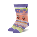 Pair of crew socks in purple, pink, and white featuring a Patrick Star 'ugly sweater' design.  Fair isle-style pattern includes Patrick's face.
