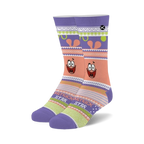 Pair of crew socks in purple, pink, and white featuring a Patrick Star 'ugly sweater' design.  Fair isle-style pattern includes Patrick's face.