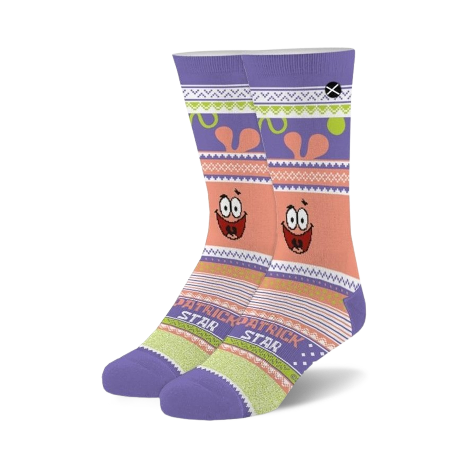 Pair of crew socks in purple, pink, and white featuring a Patrick Star 'ugly sweater' design.  Fair isle-style pattern includes Patrick's face.