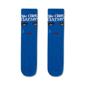 men's and women's blue crew socks with a black, red, white feminine face design inspired by the great gatsby.  