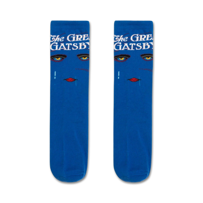 men's and women's blue crew socks with a black, red, white feminine face design inspired by the great gatsby.  