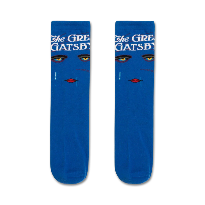 men's and women's blue crew socks with a black, red, white feminine face design inspired by the great gatsby.   }}