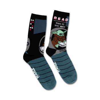 black star wars grogu read socks with blue cuff features grogu reading. text on socks - "read...this is the way".  