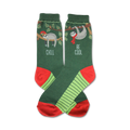 Crew socks in green with lime green stripes and red cuffs. Feature two sloths; one wears a Santa hat, the other a scarf. Text reads 'Chill' and 'Be Cool'.